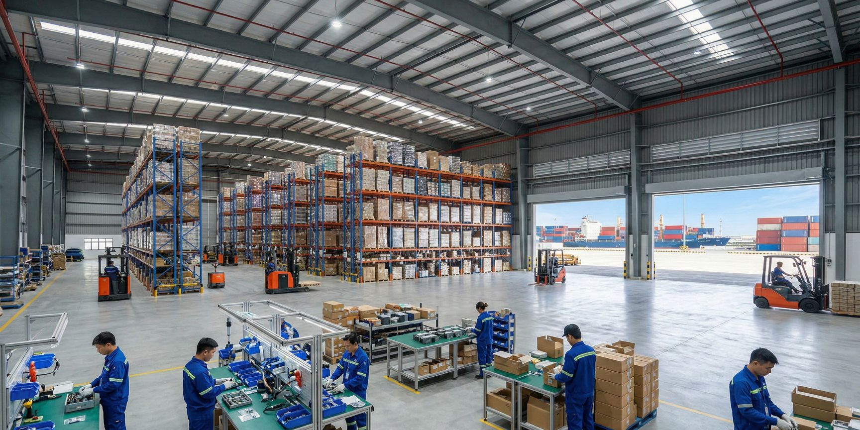 Interior shot of a state-of-the-art, sprawling Grade A logistics center at an offshore location in Southeast Asia. In the foreground, local workers are employed at assembly and packaging stations for value-added services (kitting, labeling). Behind it, massive high-bay warehouses and forklifts moving pallets. Through the open loading ramp in the background, a container terminal at a port is visible.
